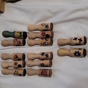 Set of 13 Pin Wooden Rubber Stamps (various designs)